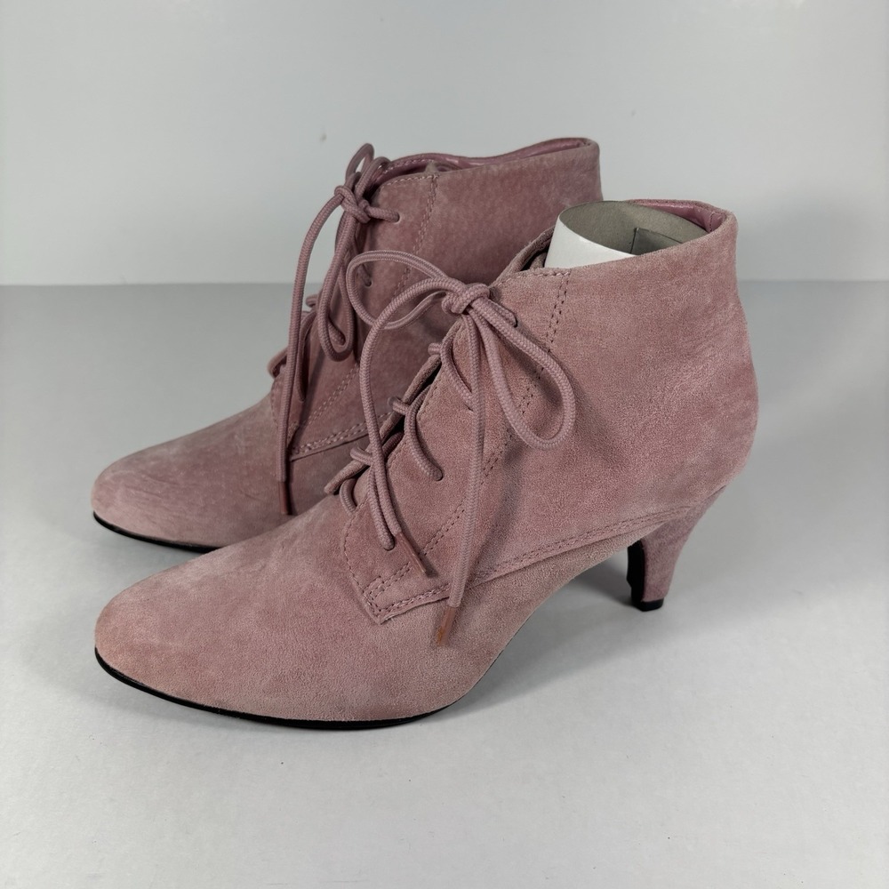 Dusty Rose Suede Lace Up Booties Pink‎ Pointy Toe Low Heel Victorian Witchy 7